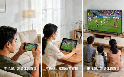 用户在不同设备上观看熊猫体育高清直播的示意图，包括手机、平板和电脑