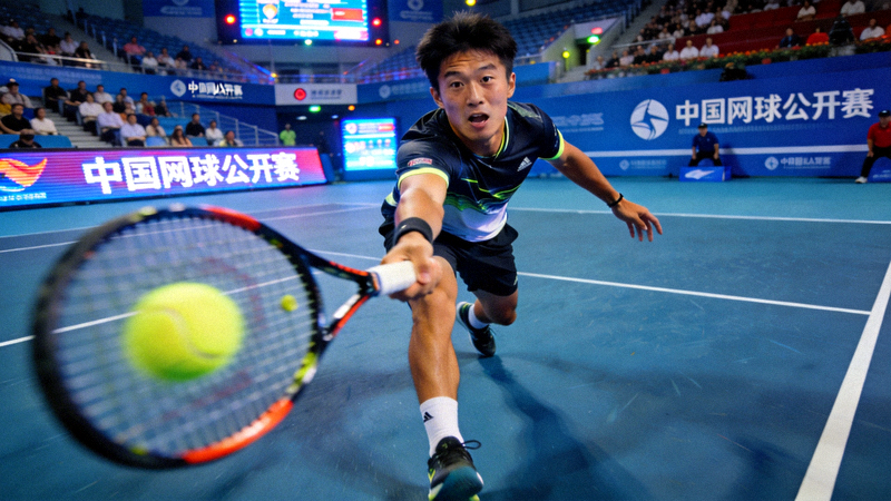 中国网球公开赛直播画面 - 运动员在球场上挥拍击球